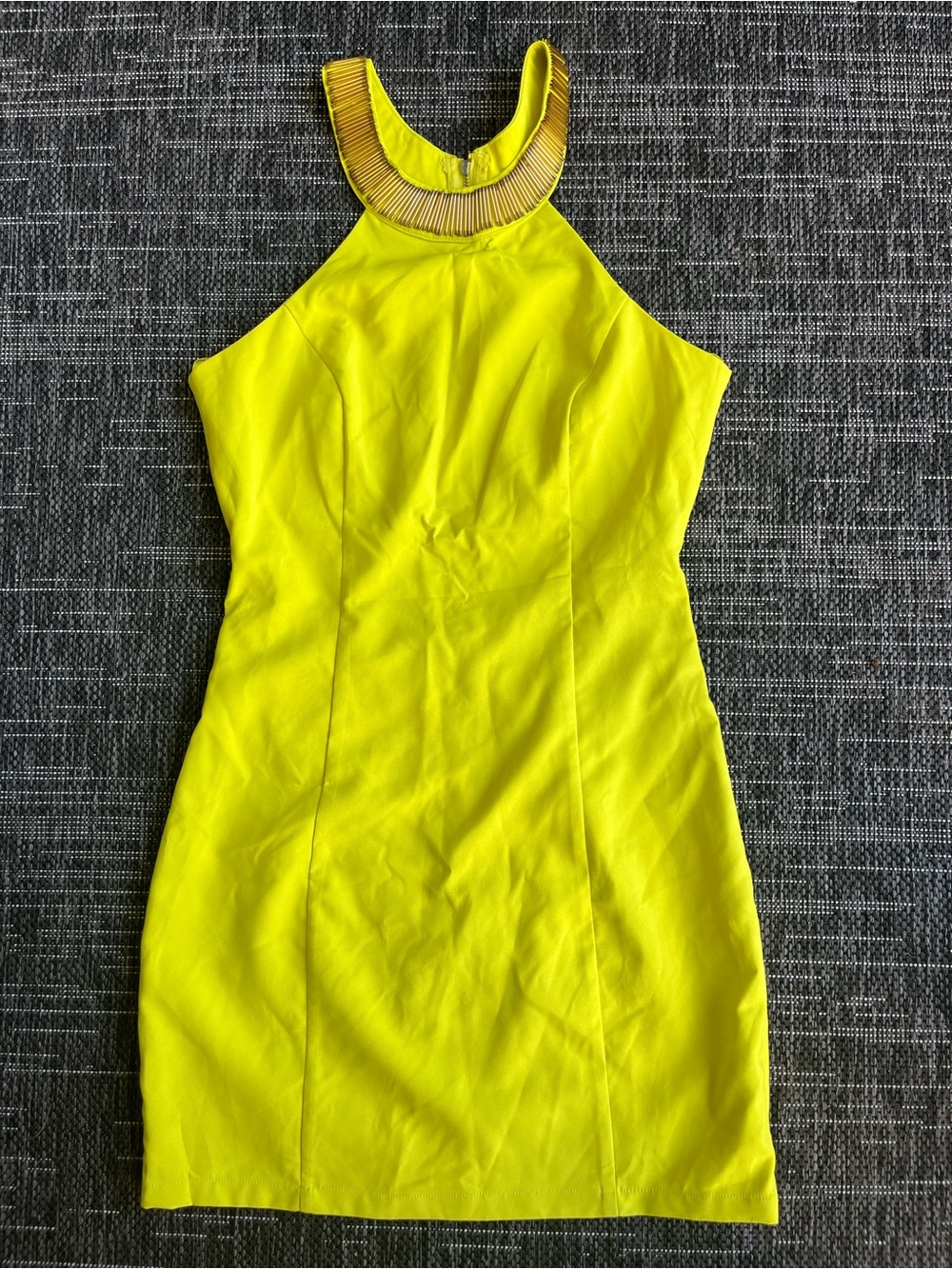 a'gaci Neon Yellow Halter Mini Dress with Beaded Neckline